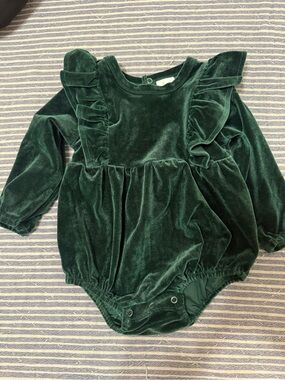 Velvet Fawn Ruffle Baby Romper in Deep Green